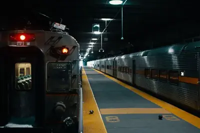 Tåg som står stilla vid en perrong på en station