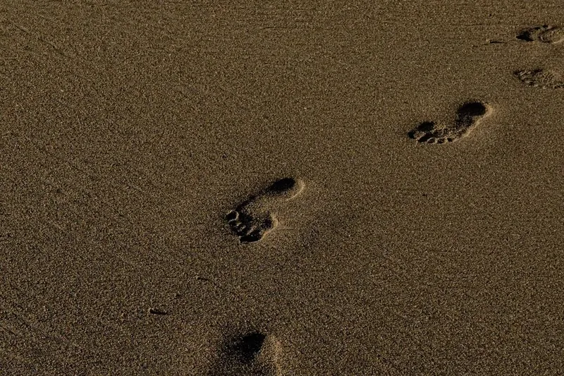 Fotspår som leder bort över en öde sandstrand